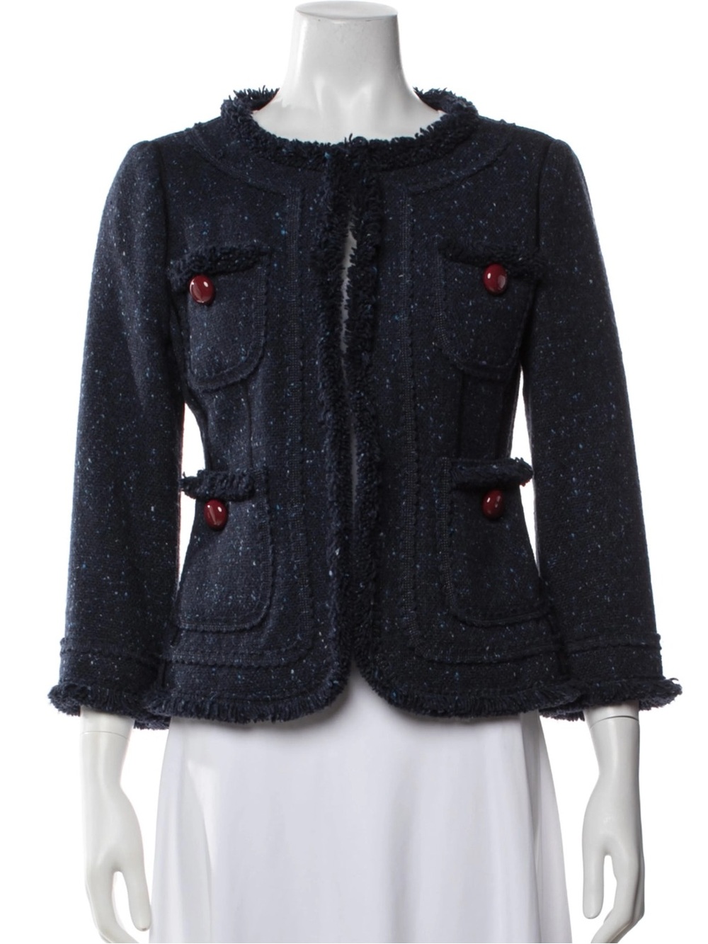 vtg 90s Moschino Cheap & Chic Navy Tweed Fringe Blazer Jacket Preppy Women Small